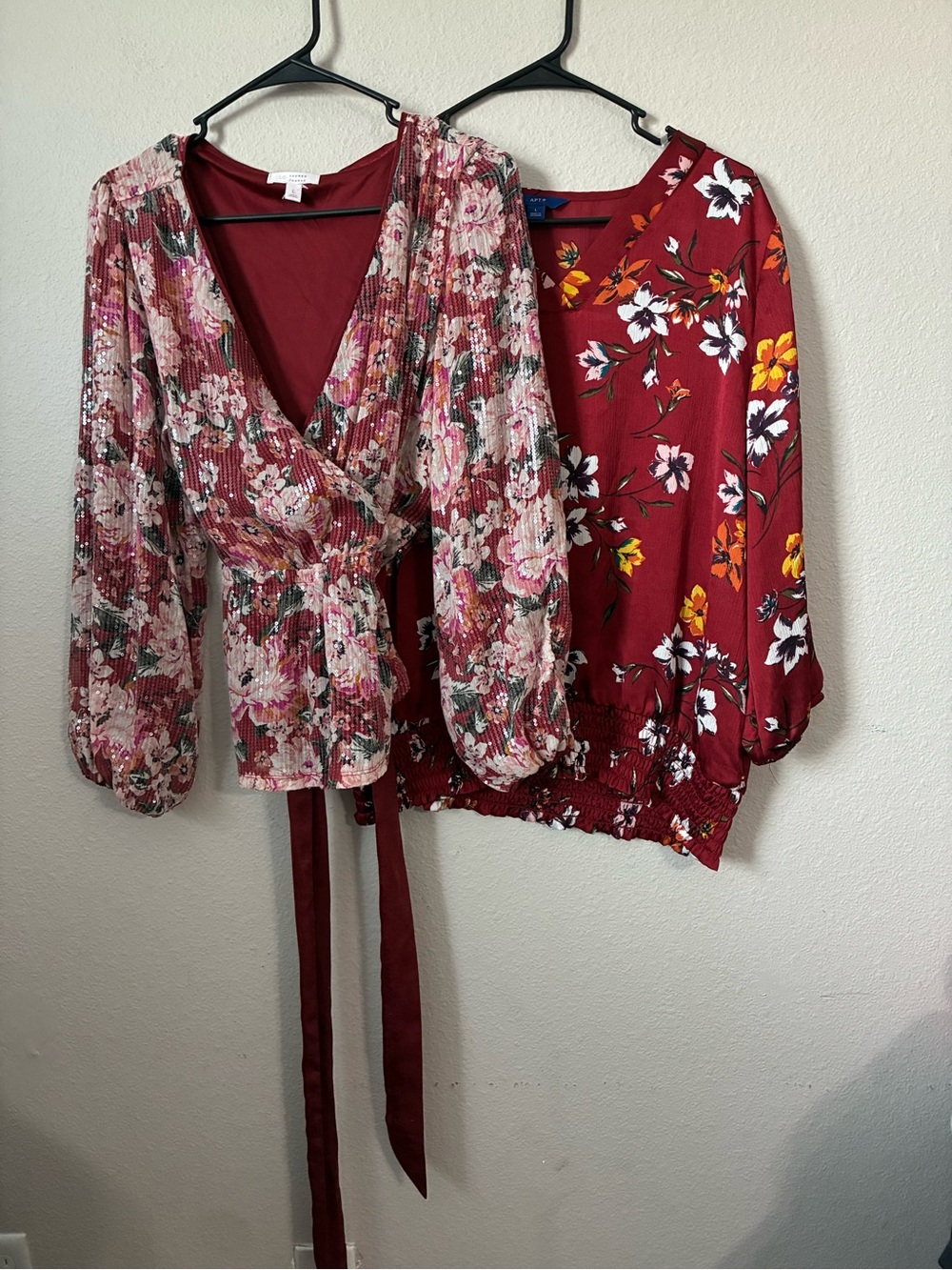 2 Women’s burgundy blouse lot Lauren Conrad sequin wrapped & floral smocked